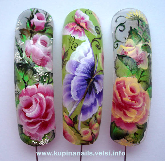 Китайский маникюр. Китайская роза в разных оттенках с бабочкой. Рисунок на ногтях. Как рисовать на ногтях.