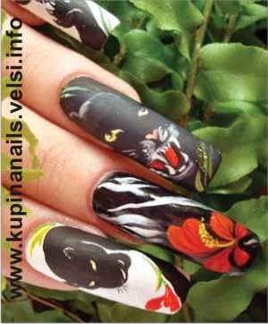 Рисунки на ногтях черная пантера. Желтым цветом рисуем пестик гибискуса.
