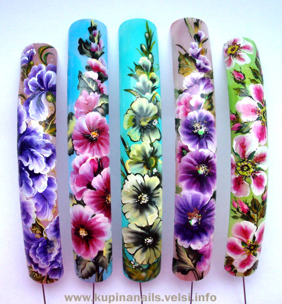 Композиции из цветов, как показано на фото, по китайской росписи ногтей. Как рисовать на ногтях пион.