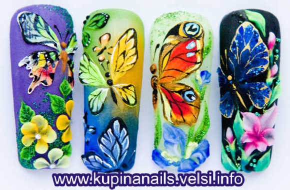 Цветочны и бабочки в дизайне ногтей. Лепка на ногтяx.