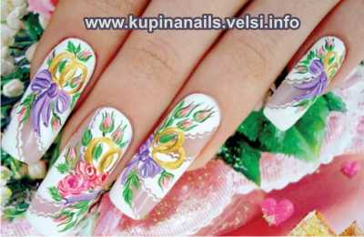 Свадебные ногти, дизайн ногтей к свадьбе, учимся как рисовать на ногтях - рисуем салатовые листья и мелкие розочки.
